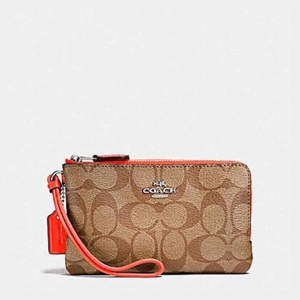 Coach F87591 Khaki & Bright Orange Signature Double Corner-Zip Wristlet